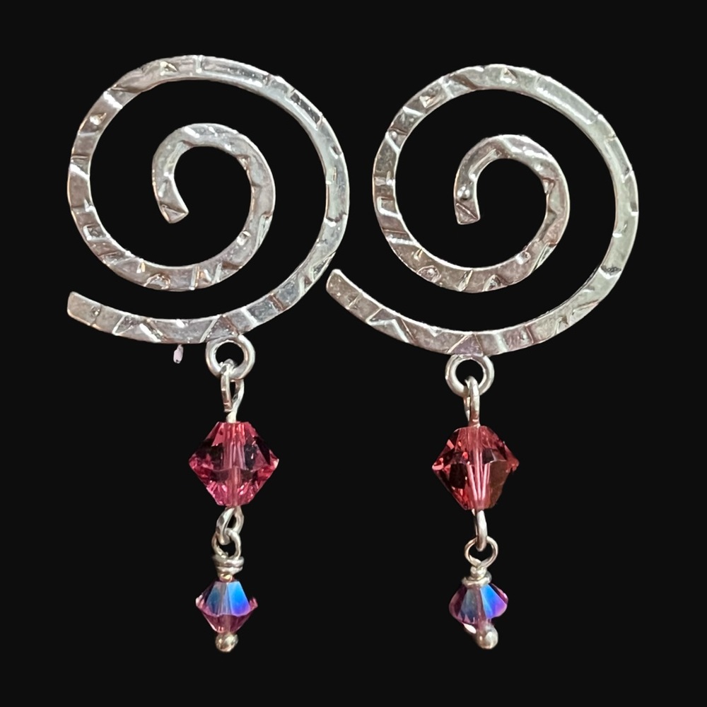 Silver Swirl and Pink Crystal Earrings Handcrafted Handmade